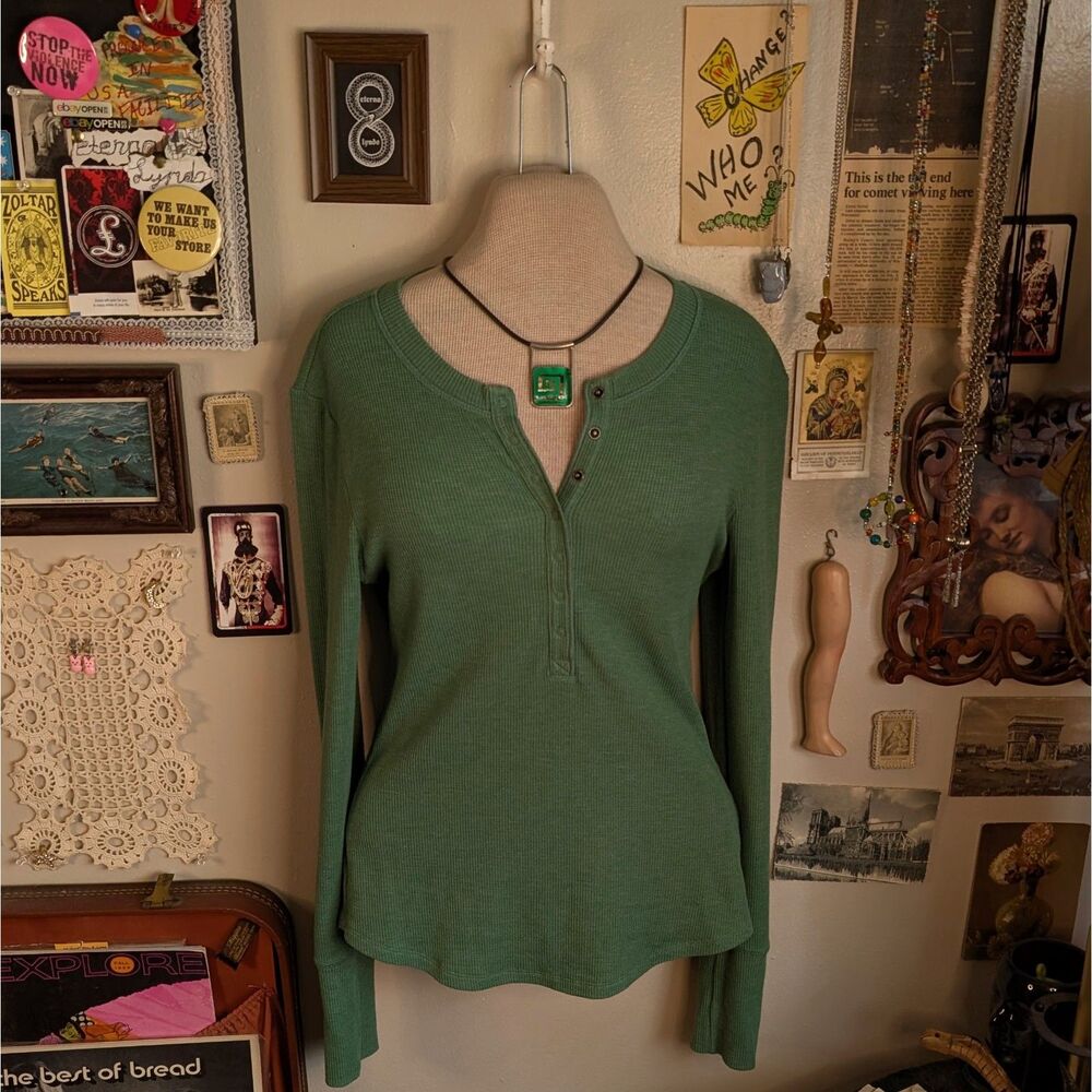 American Eagle Thermal Henley Long Sleeve Women's Medium Green